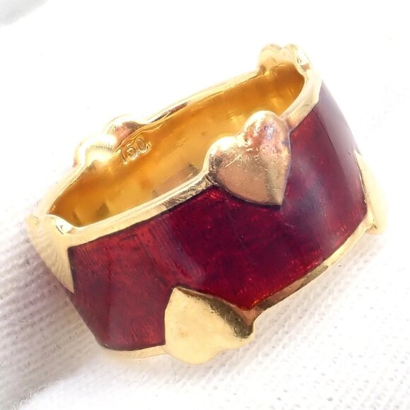 Tiffany & Co Schlumberger 18k Yellow Gold Red Enamel Heart Band Ring sz 6 - Picture 9 of 12